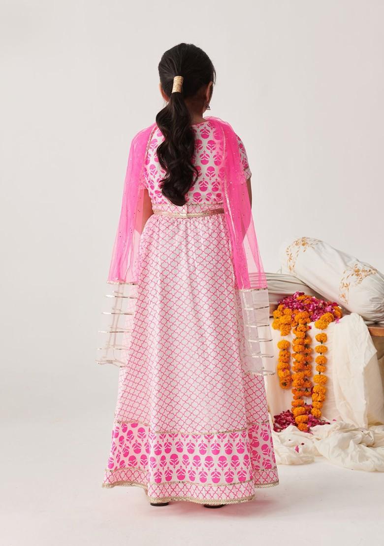 Pink Printed Poly Blend Lehenga Set With Dupatta For Girls