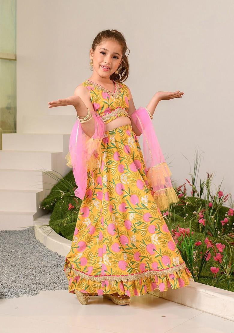 Mustard Yellow Printed Poly Blend Lehenga Set With Dupatta For Girls