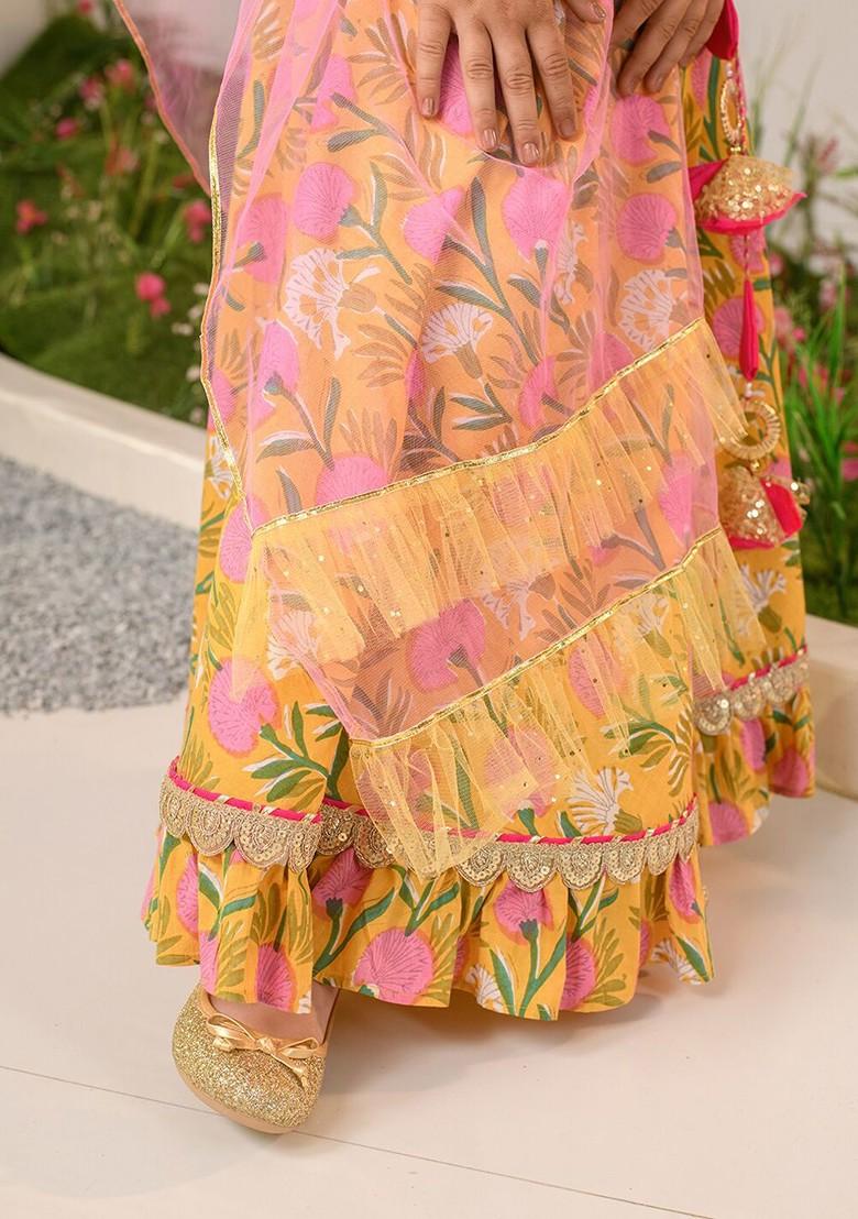Mustard Yellow Printed Poly Blend Lehenga Set With Dupatta For Girls