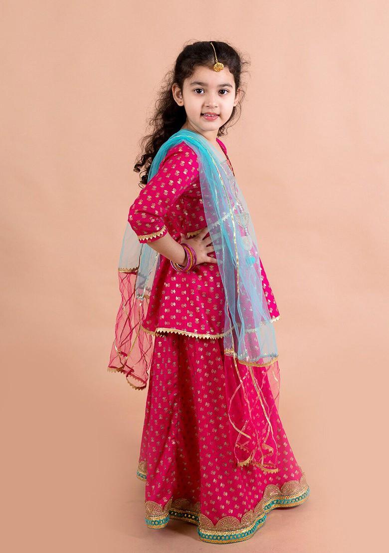 Magenta Printed Poly Blend Lehenga Set With Dupatta For Girls
