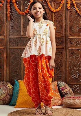Orange Printed Poly Blend Salwar Kameez For Girls