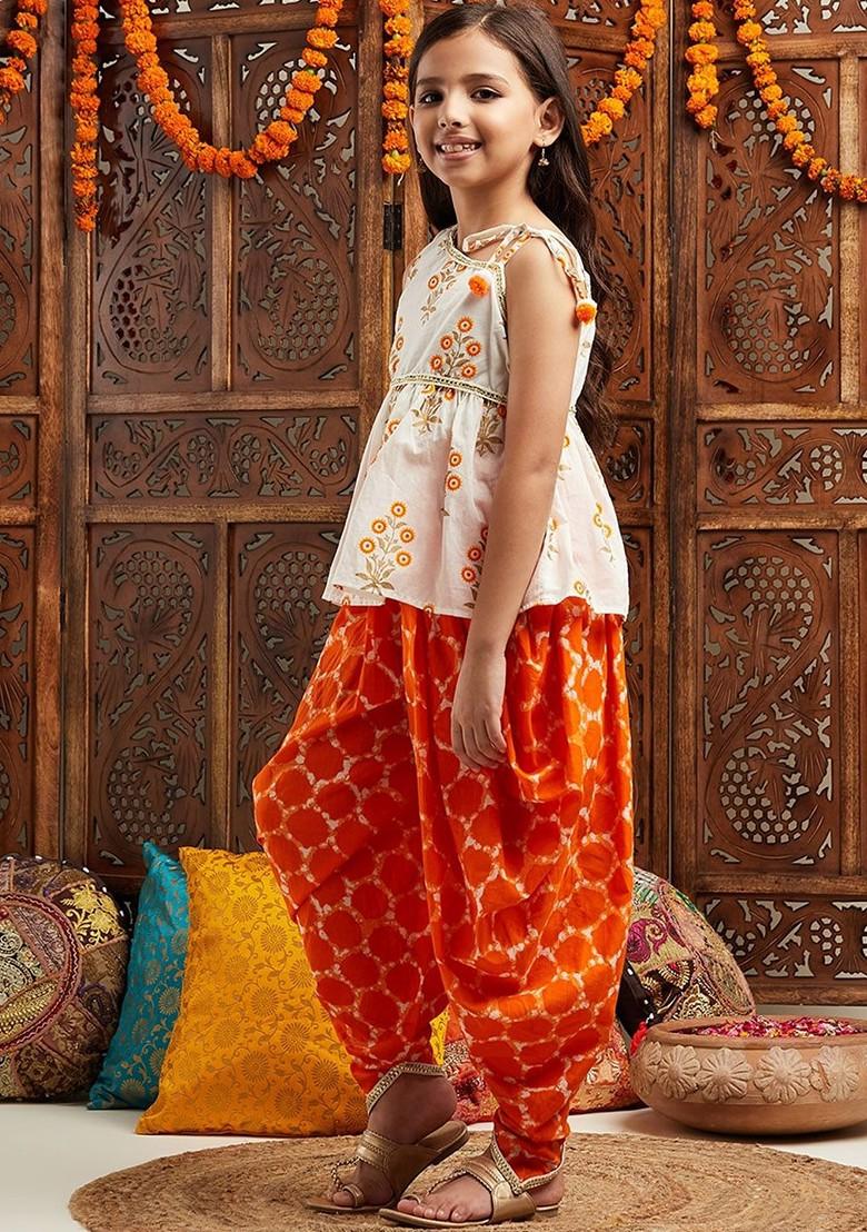 Orange Printed Poly Blend Salwar Kameez For Girls