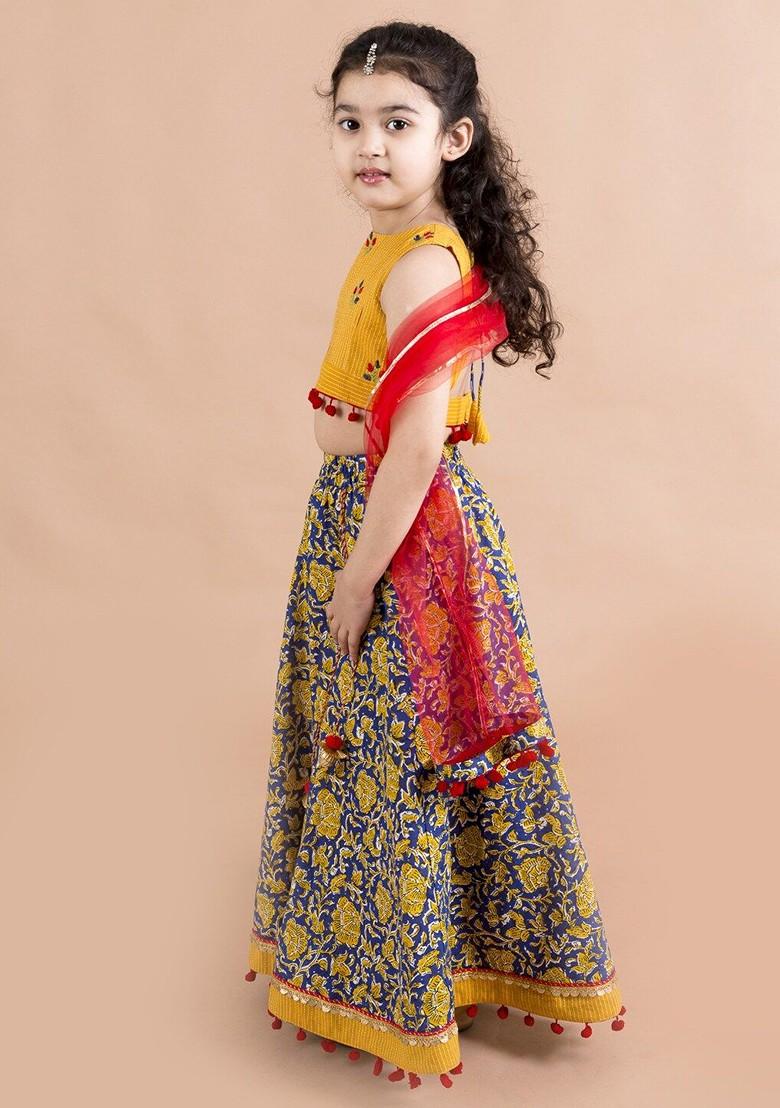 Navy Blue Embroidered Poly Blend Lehenga Set With Dupatta For Girls