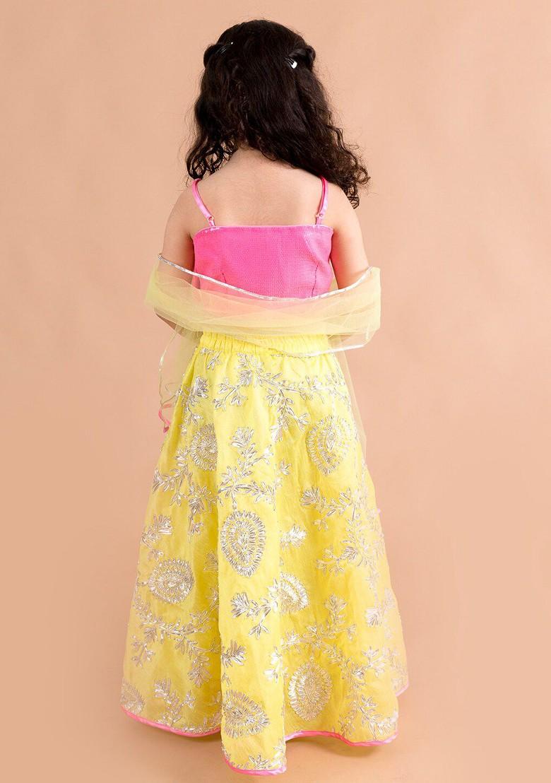Yellow Embroidered Poly Blend Lehenga Set With Dupatta For Girls