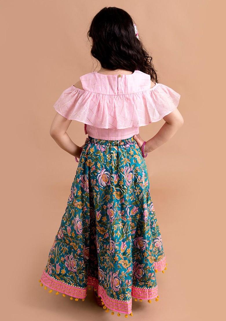 Blue Embroidered Poly Blend Lehenga Set With Dupatta For Girls