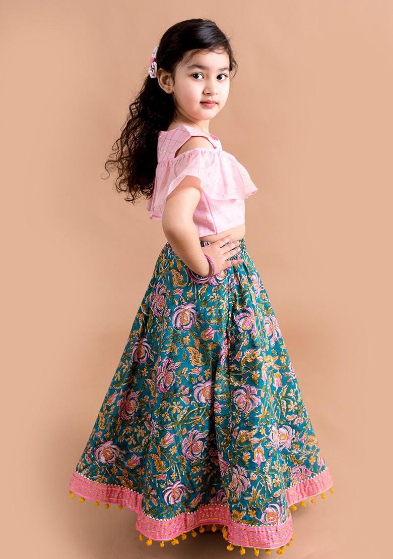 Blue Embroidered Poly Blend Lehenga Set With Dupatta For Girls