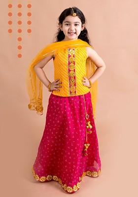 Magenta Embroidered Poly Blend Lehenga Set With Dupatta For Girls