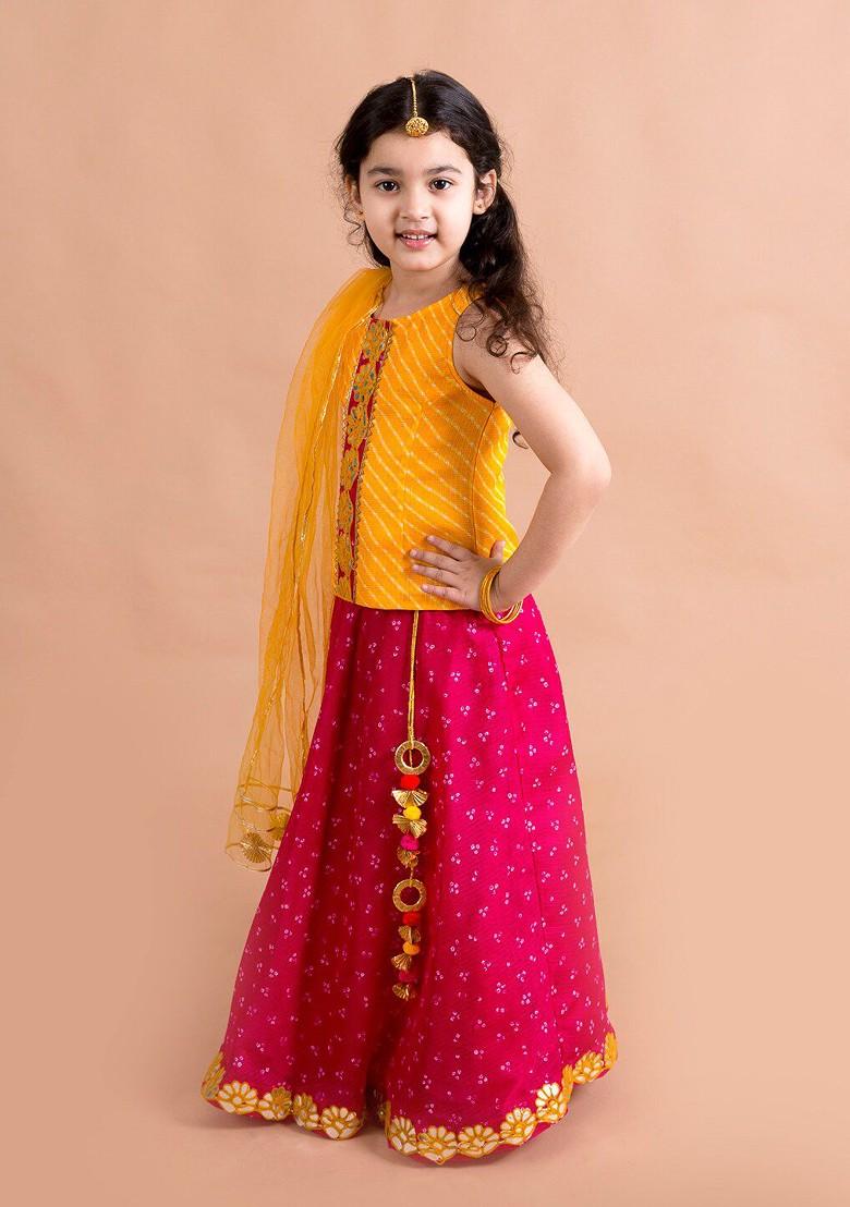 Magenta Embroidered Poly Blend Lehenga Set With Dupatta For Girls