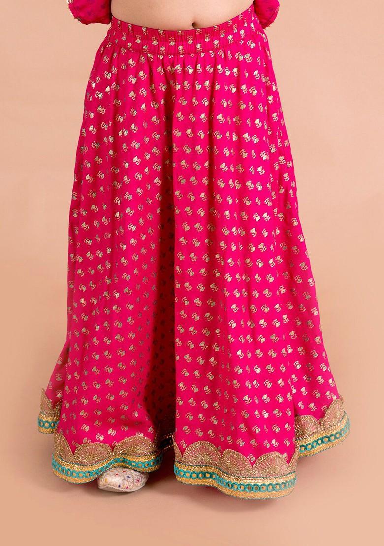 Magenta Printed Poly Blend Lehenga Set With Dupatta For Girls