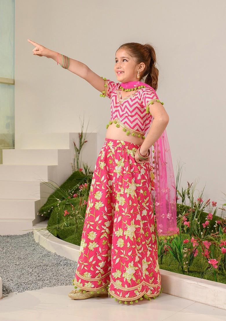 Magenta Printed Poly Blend Lehenga Set With Dupatta For Girls