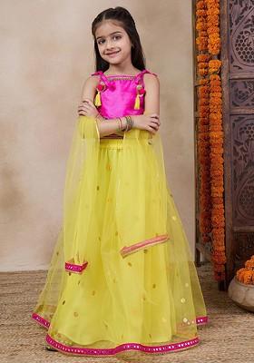 Yellow Embroidered Poly Blend Lehenga Set With Dupatta For Girls