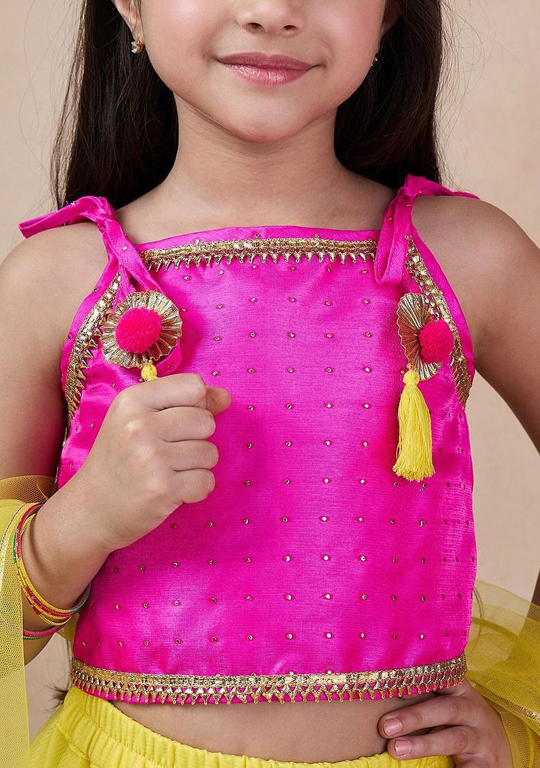 Yellow Embroidered Poly Blend Lehenga Set With Dupatta For Girls