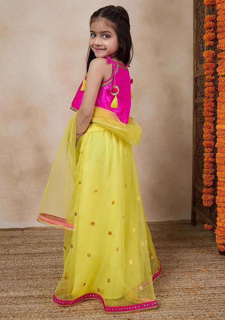 Yellow Embroidered Poly Blend Lehenga Set With Dupatta For Girls