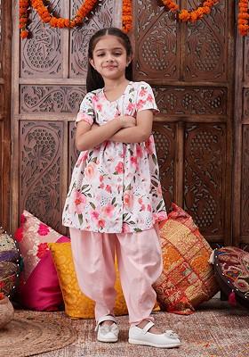 Peach Printed Poly Blend Salwar Kameez For Girls