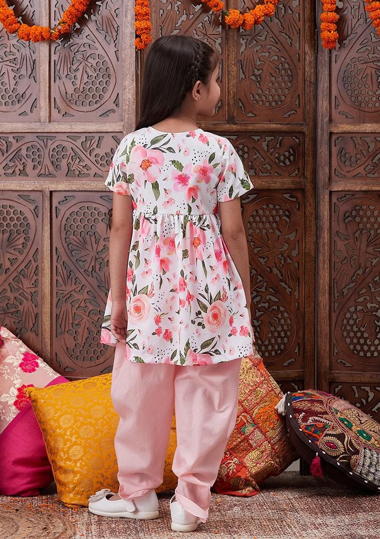 Peach Printed Poly Blend Salwar Kameez For Girls