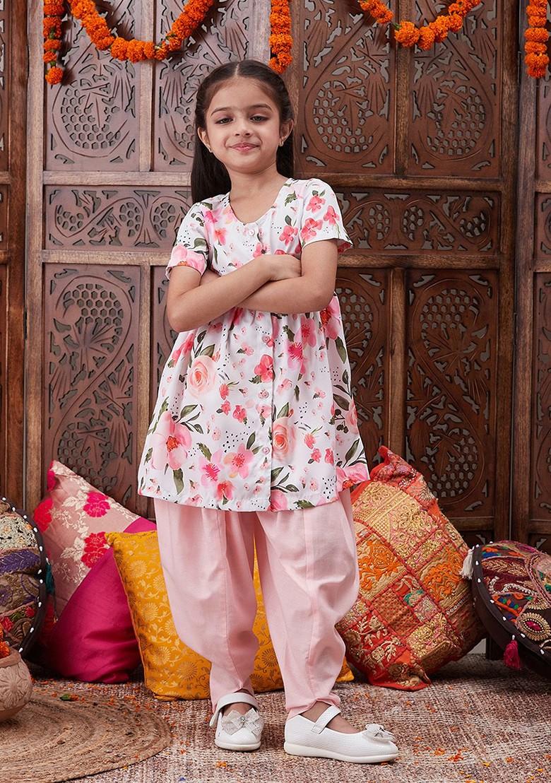 Peach Printed Poly Blend Salwar Kameez For Girls