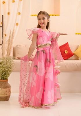 Pink Printed Poly Blend Lehenga Set With Dupatta For Girls