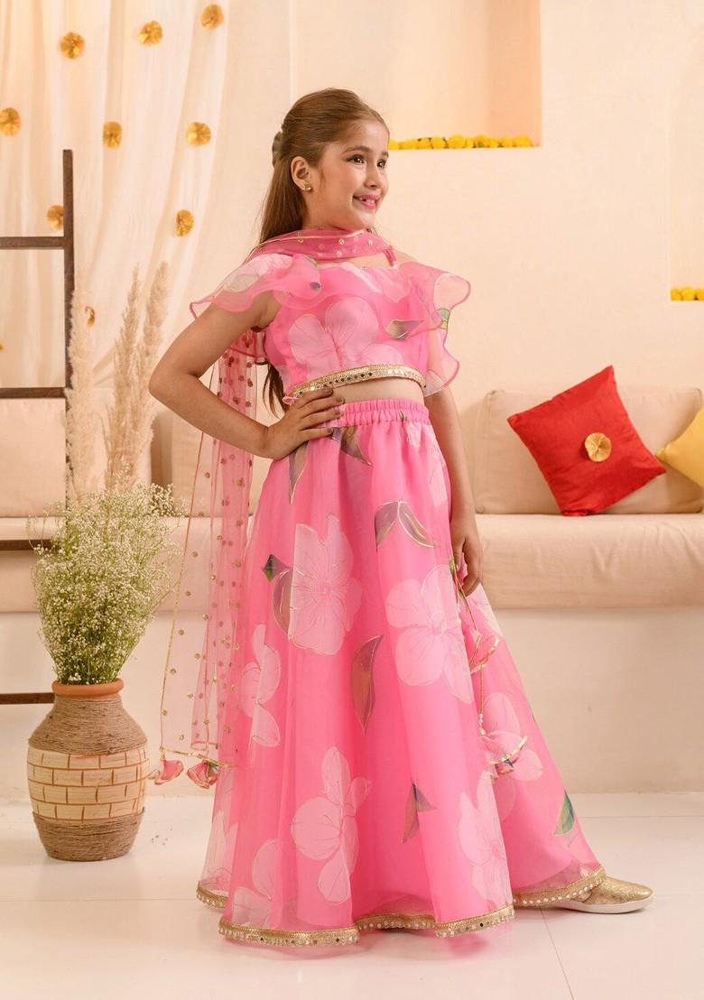 Pink Printed Poly Blend Lehenga Set With Dupatta For Girls