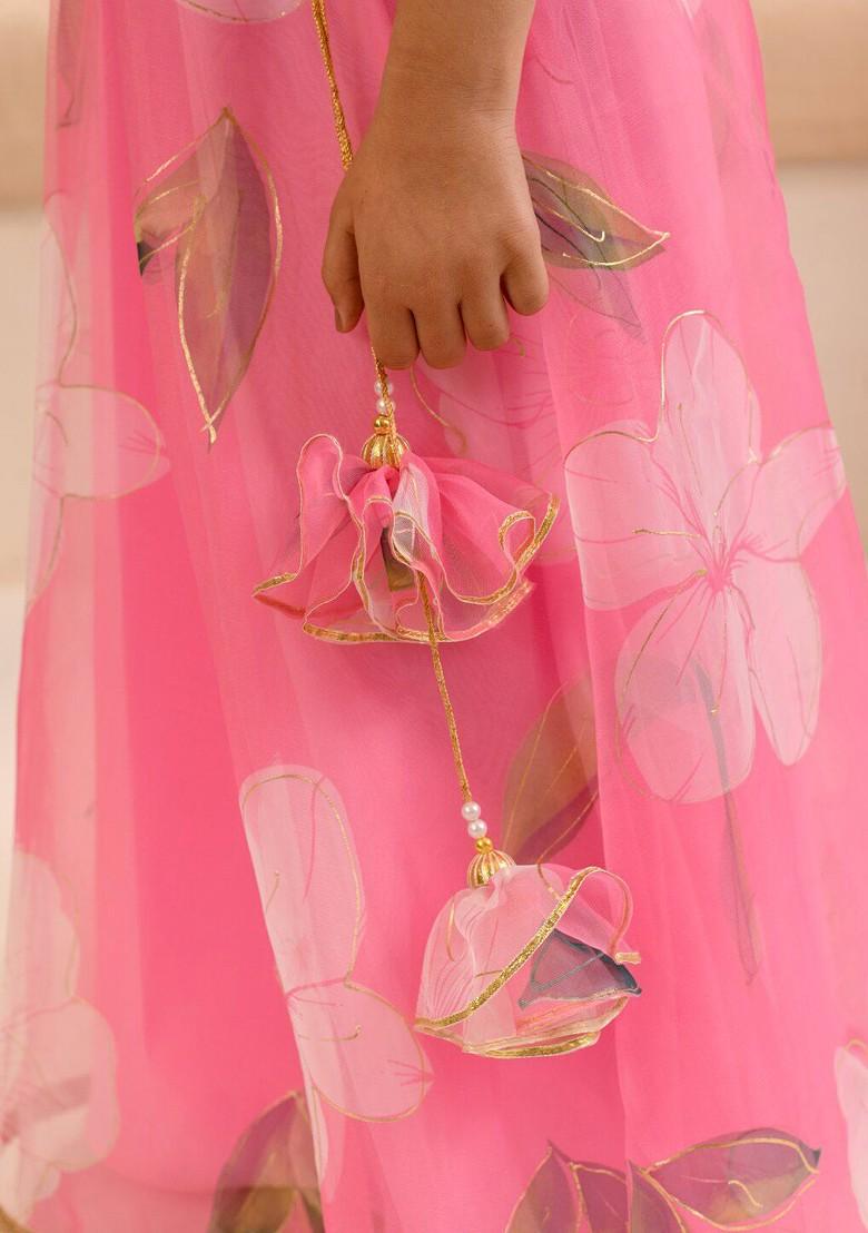 Pink Printed Poly Blend Lehenga Set With Dupatta For Girls
