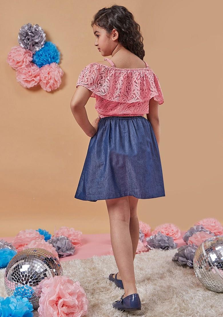 Blue Embroidered Poly Blend Co Ord Set For Girlss