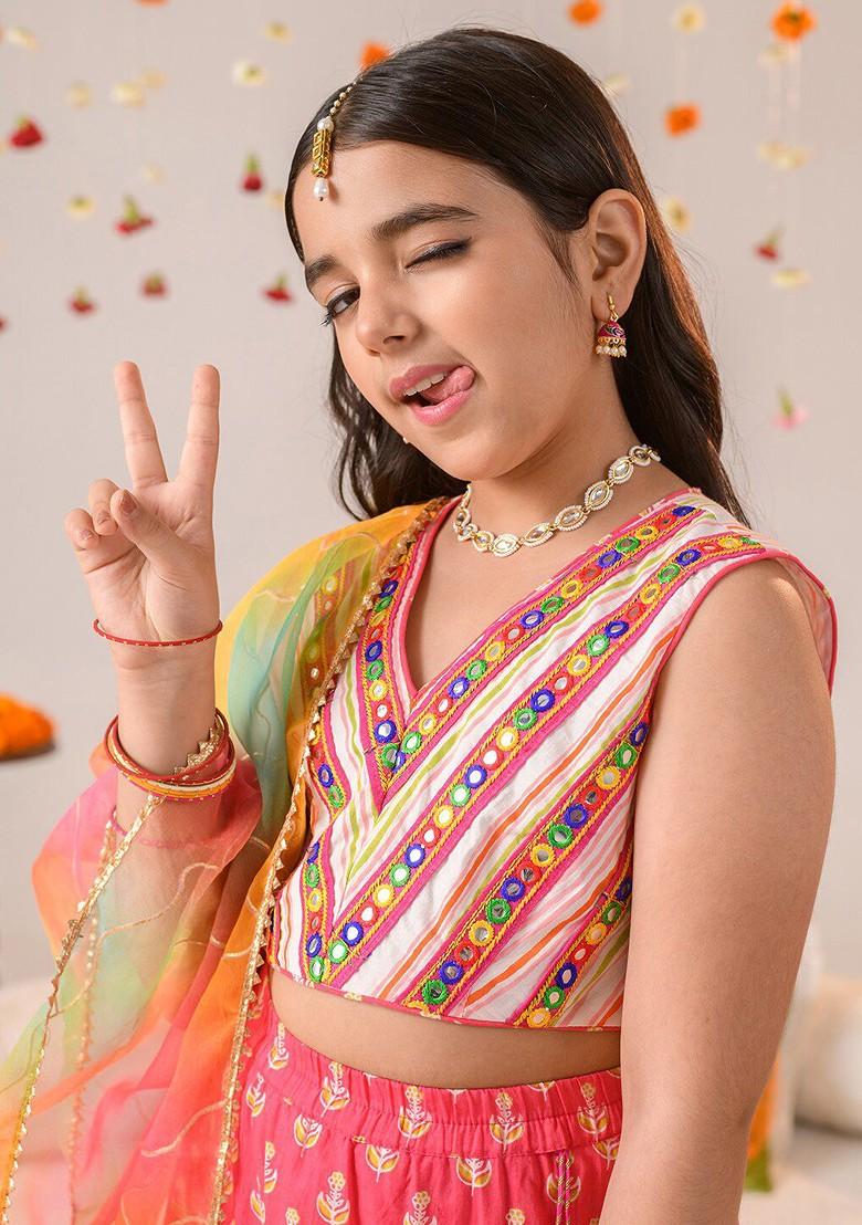 Magenta Embroidered Poly Blend Lehenga Set With Dupatta For Girls