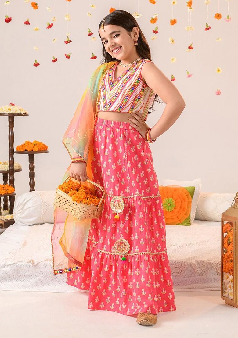 Magenta Embroidered Poly Blend Lehenga Set With Dupatta For Girls