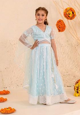 Blue Embroidered Poly Blend Lehenga Set With Dupatta For Girls