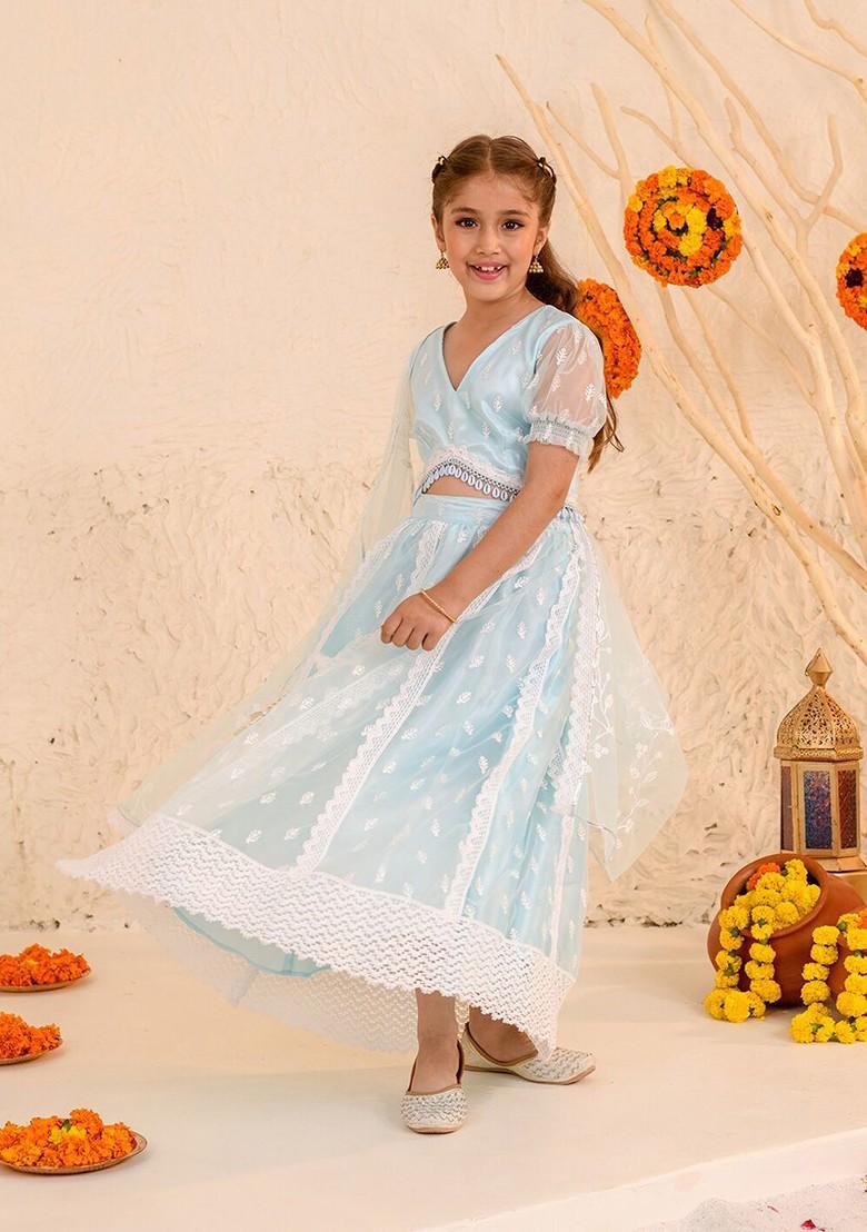 Blue Embroidered Poly Blend Lehenga Set With Dupatta For Girls