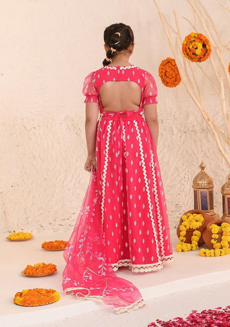 Magenta Embroidered Poly Blend Lehenga Set With Dupatta For Girls