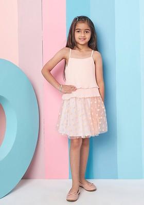 Peach Embroidered Poly Blend Co Ord Set For Girlss