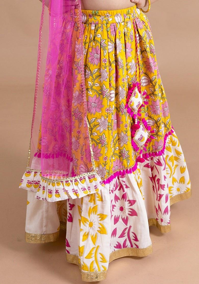 Yellow Printed Poly Blend Lehenga Set With Dupatta For Girls