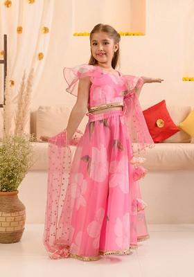 Pink Printed Poly Blend Lehenga Set With Dupatta For Girls