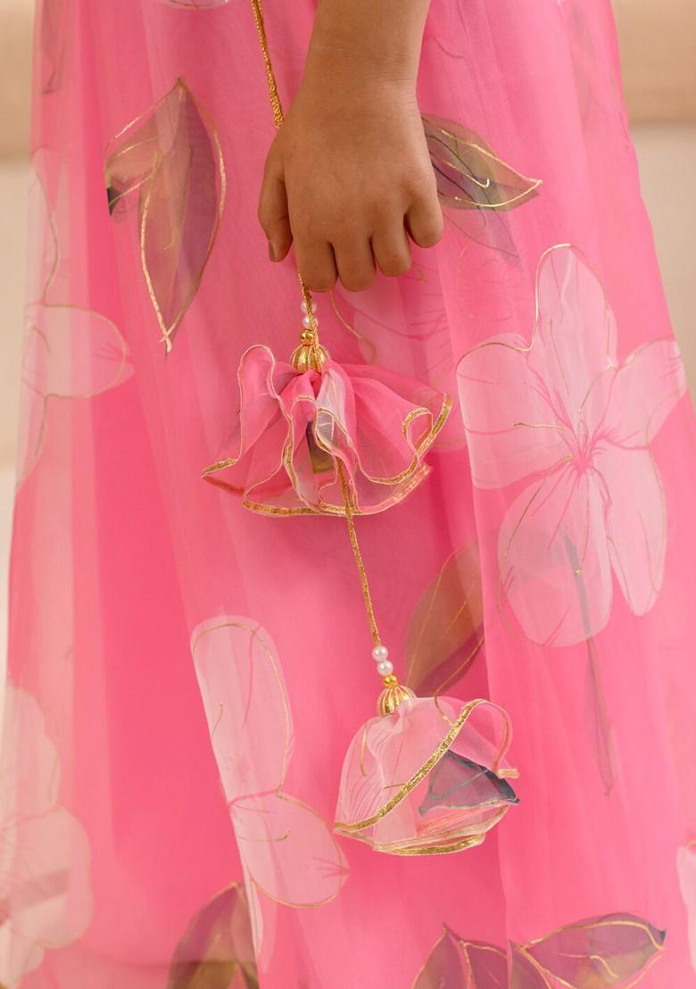 Pink Printed Poly Blend Lehenga Set With Dupatta For Girls