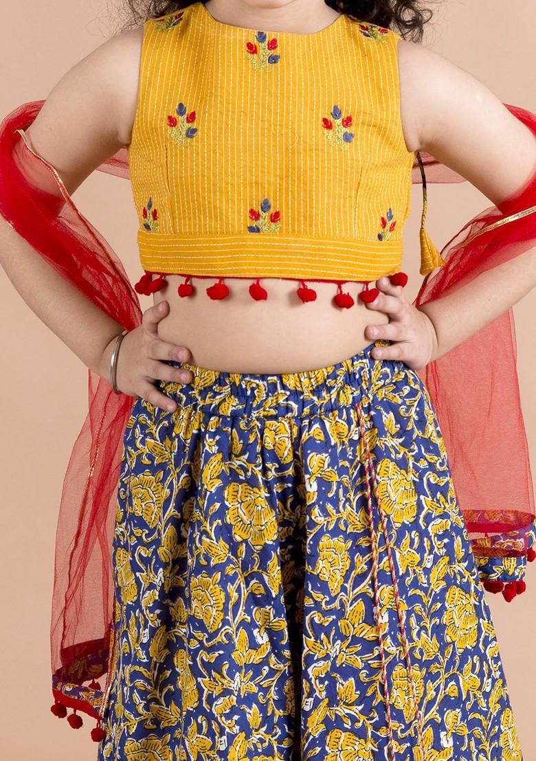 Navy Blue Embroidered Poly Blend Lehenga Set With Dupatta For Girls