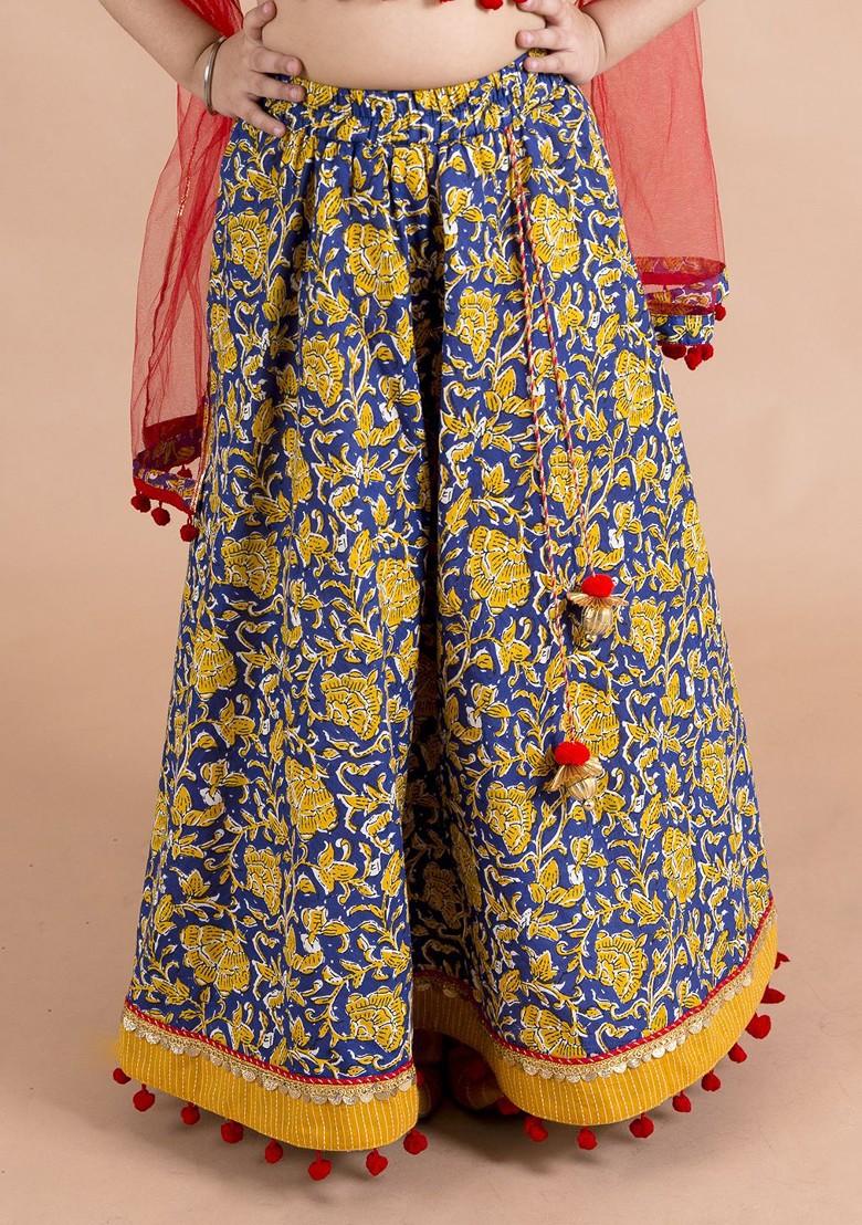 Navy Blue Embroidered Poly Blend Lehenga Set With Dupatta For Girls