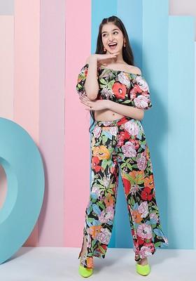 Black Printed Poly Blend Co Ord Set For Girlss