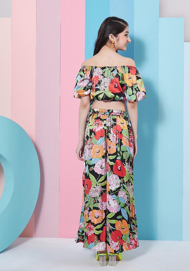 Black Printed Poly Blend Co Ord Set For Girlss