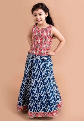 Blue Printed Poly Blend Lehenga Set With Dupatta For Girls