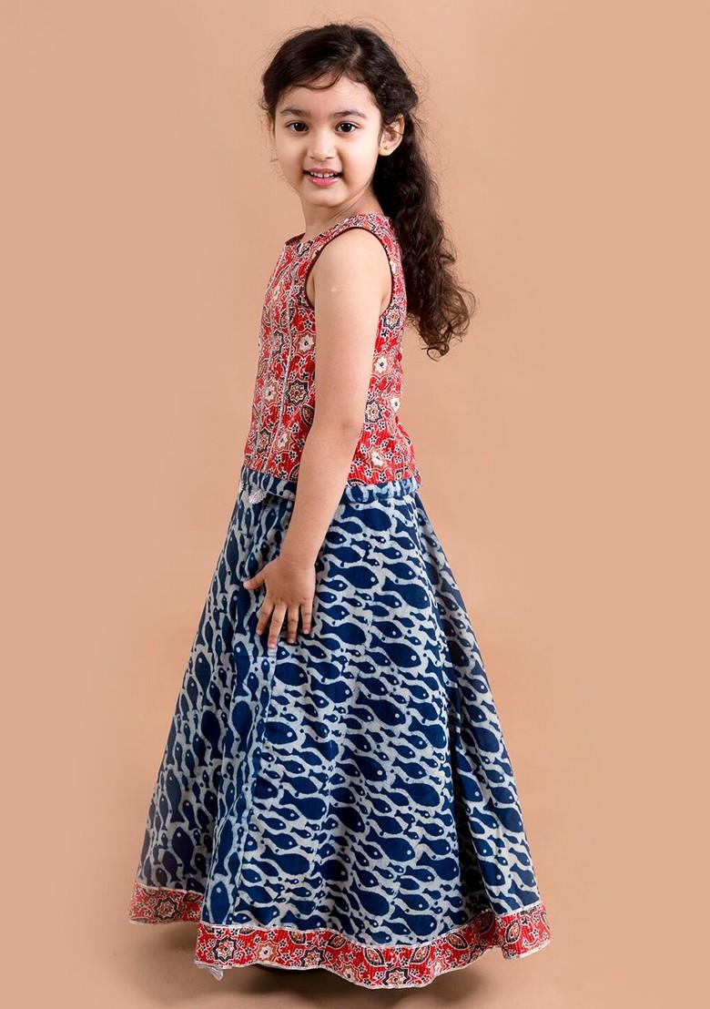 Blue Printed Poly Blend Lehenga Set With Dupatta For Girls