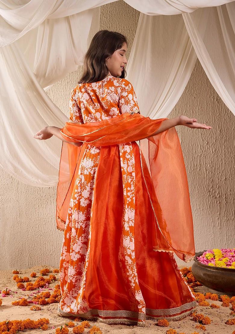 Orange Printed Poly Blend Lehenga Set With Dupatta For Girls