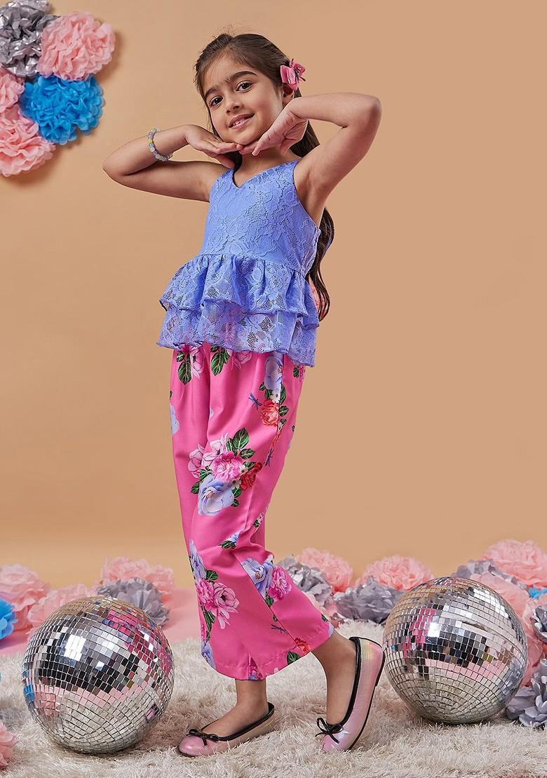 Blue Printed Poly Blend Co Ord Set For Girlss