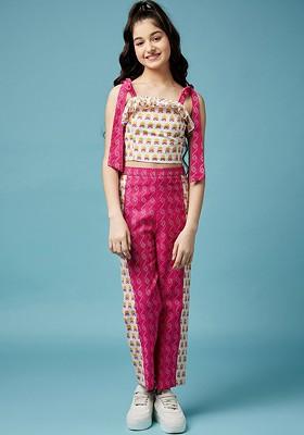 Magenta Printed Poly Blend Co Ord Set For Girlss
