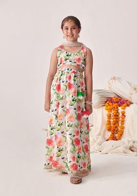White Printed Poly Blend Lehenga Set With Dupatta For Girls