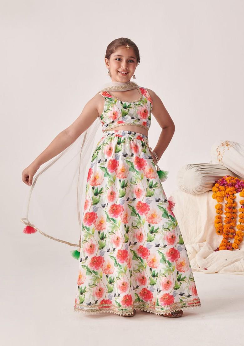 White Printed Poly Blend Lehenga Set With Dupatta For Girls