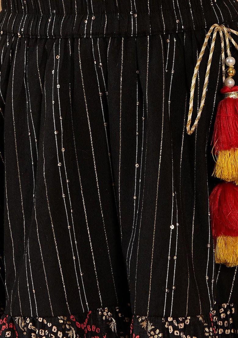 Black Printed Poly Blend Lehenga Set With Dupatta For Girls