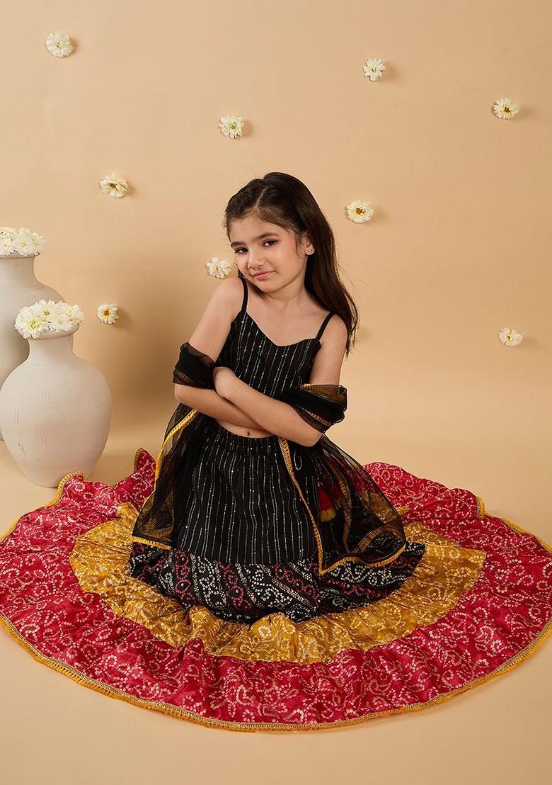Black Printed Poly Blend Lehenga Set With Dupatta For Girls