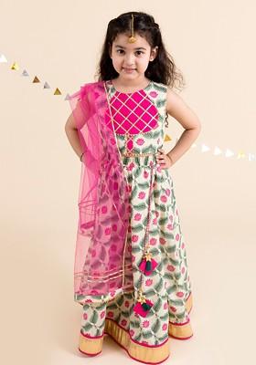 Off White Printed Poly Blend Lehenga Set With Dupatta For Girls