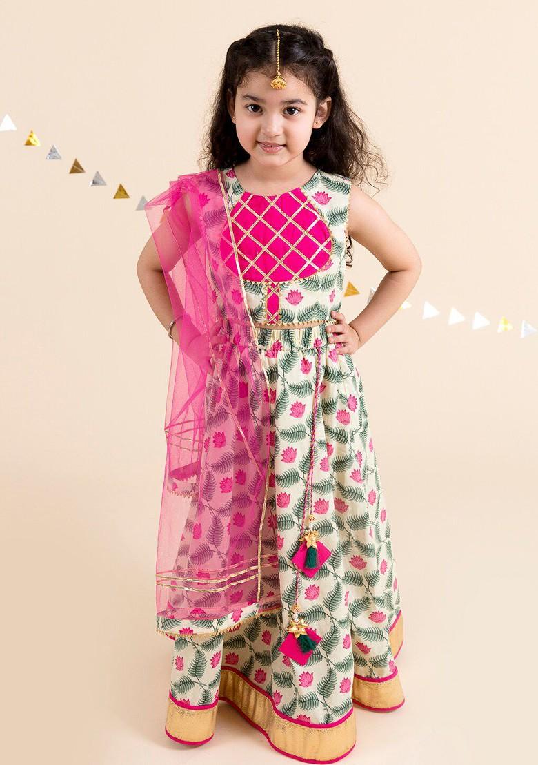 Off White Printed Poly Blend Lehenga Set With Dupatta For Girls