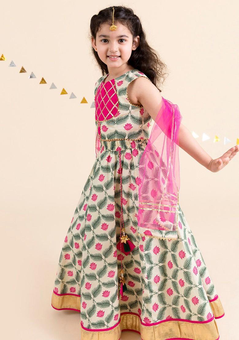 Off White Printed Poly Blend Lehenga Set With Dupatta For Girls
