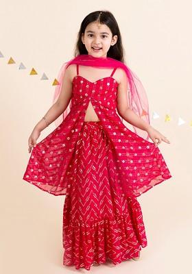 Magenta Embroidered Poly Blend Lehenga Set With Dupatta For Girls